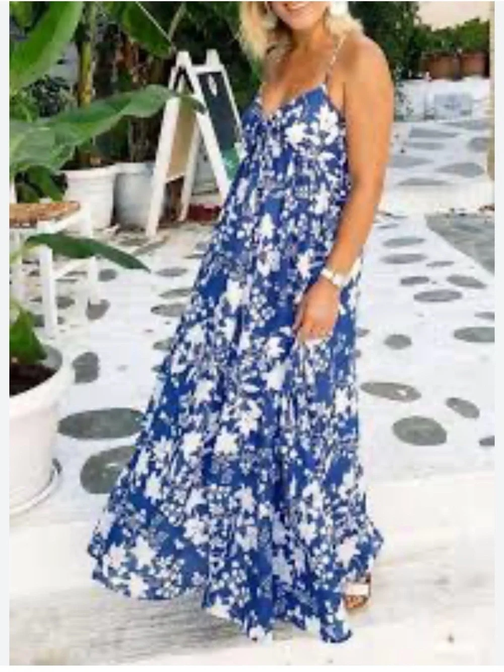 Zara Blue & White Floral Maxi Dress - Spaghetti Straps